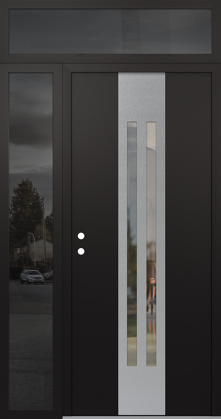 Modern Steel Front Door DIAMOND A8 52" X 96" BLACK/BLACK CLEAR GLASS PANEL STAINLESS STEEL RHI WITH SIDELITE AND TRANSOM MIRRORED GLASS