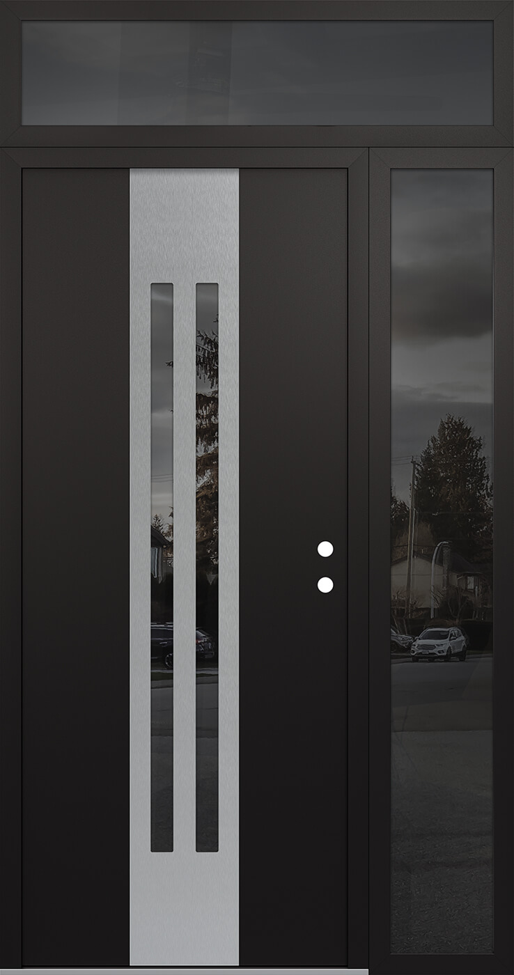 Modern Steel Front Door DIAMOND A8 52" X 96" BLACK/BLACK MIRRORED GLASS PANEL STAINLESS STEEL LHI WITH SIDELITE AND TRANSOM MIRRORED GLASS