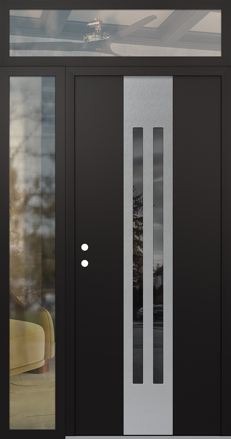 Modern Steel Front Door DIAMOND A8 52" X 96" BLACK/BLACK MIRRORED GLASS PANEL STAINLESS STEEL RHI WITH SIDELITE AND TRANSOM CLEAR GLASS