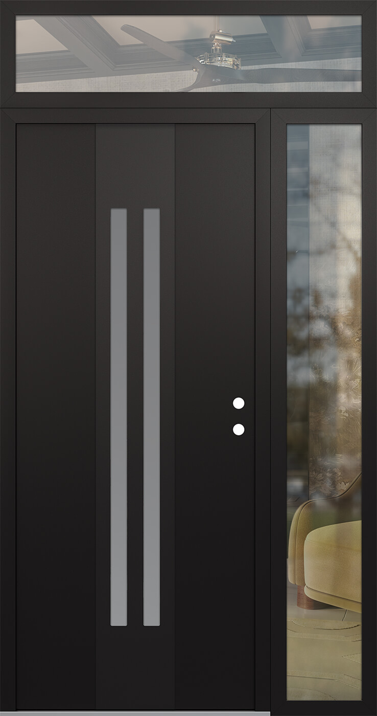 Modern Steel Front Door DIAMOND A8 52" X 96" BLACK/WHITE FROSTED GLASS PANEL BLACK LHI WITH SIDELITE AND TRANSOM CLEAR GLASS
