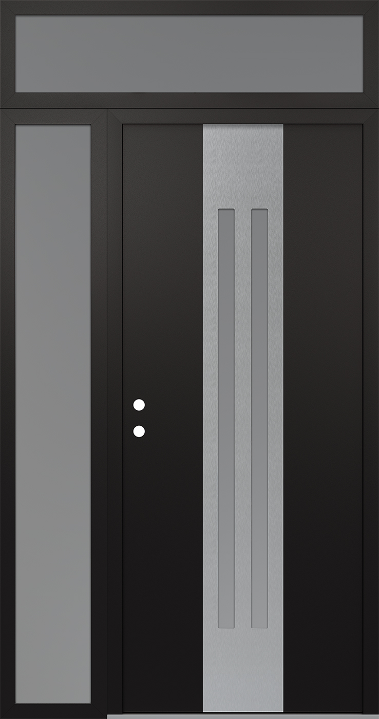 Modern Steel Front Door DIAMOND A8 52" X 96" BLACK/WHITE FROSTED GLASS PANEL STAINLESS STEEL RHI WITH SIDELITE AND TRANSOM FROSTED GLASS