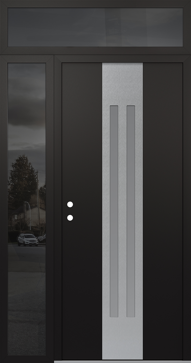 Modern Steel Front Door DIAMOND A8 52" X 96" BLACK/WHITE FROSTED GLASS PANEL STAINLESS STEEL RHI WITH SIDELITE AND TRANSOM MIRRORED GLASS