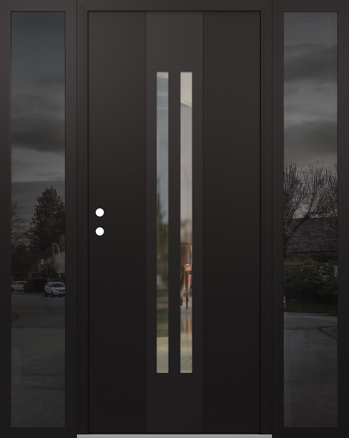 Modern Steel Front Door DIAMOND A8 60" X 80" BLACK/BLACK CLEAR GLASS PANEL BLACK RHI WITH 2 SIDELITES MIRRORED GLASS