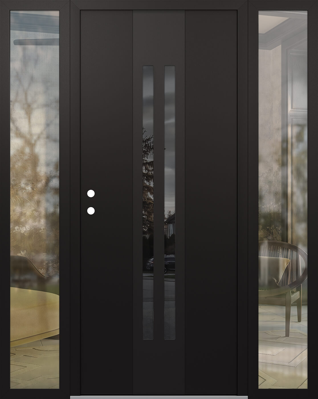 Modern Steel Front Door DIAMOND A8 60" X 80" BLACK/BLACK MIRRORED GLASS PANEL BLACK RHI WITH 2 SIDELITES CLEAR GLASS