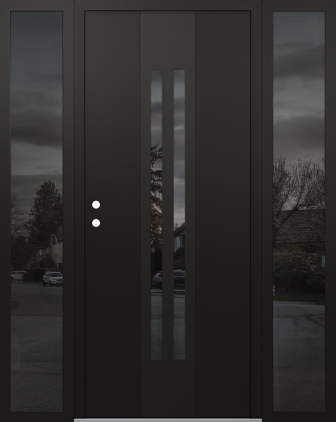 Modern Steel Front Door DIAMOND A8 60" X 80" BLACK/BLACK MIRRORED GLASS PANEL BLACK RHI WITH 2 SIDELITES MIRRORED GLASS