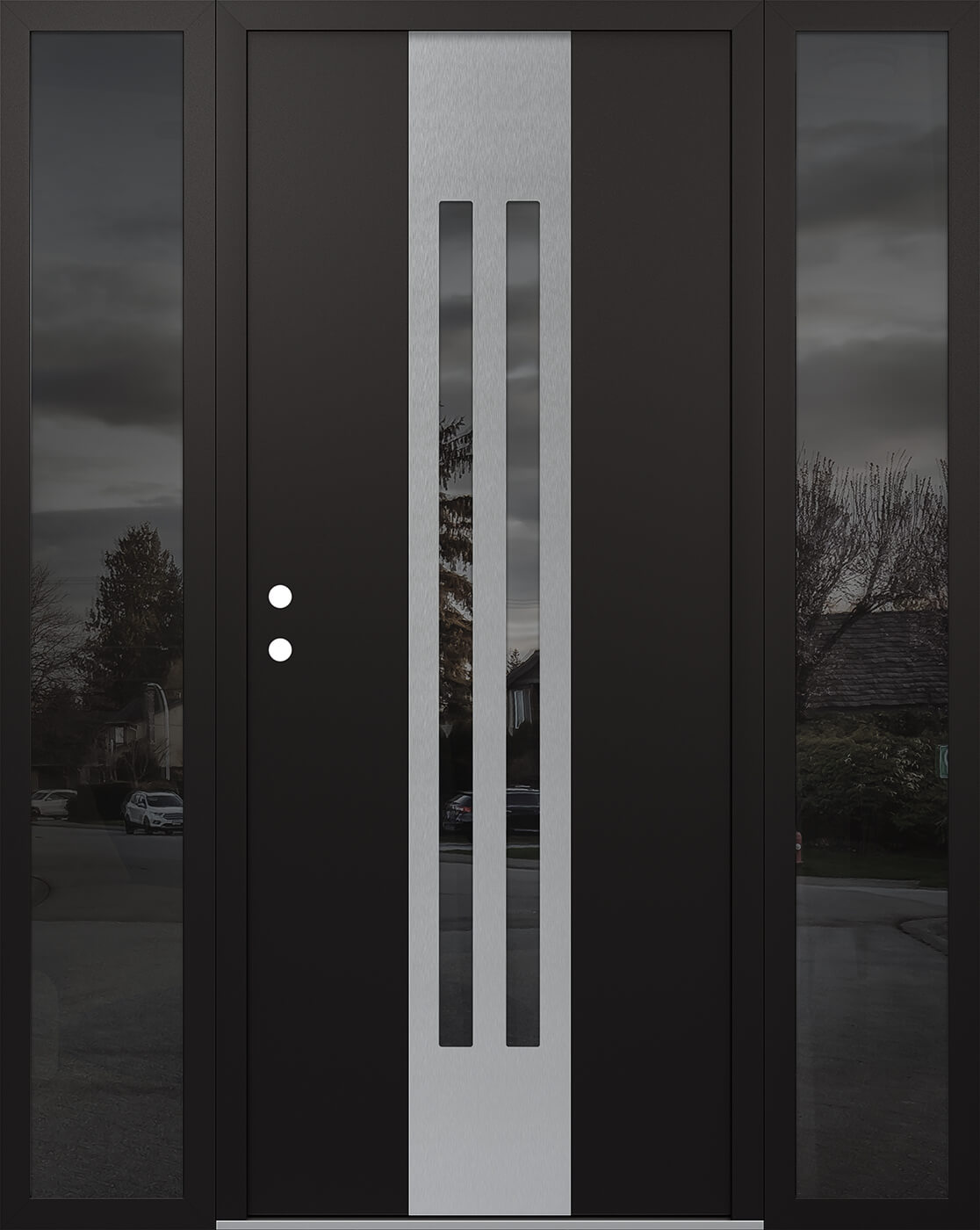 Modern Steel Front Door DIAMOND A8 60" X 80" BLACK/BLACK MIRRORED GLASS PANEL STAINLESS STEEL RHI WITH 2 SIDELITES MIRRORED GLASS
