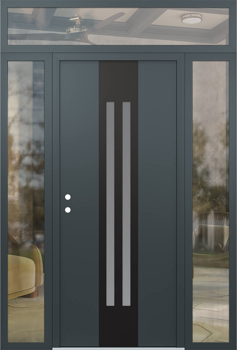 Modern Steel Front Door DIAMOND A8 60" X 96" ANTHRACITE/ANTHRACITE FROSTED GLASS PANEL BLACK RHI WITH 2 SIDELITES AND TRANSOM CLEAR GLASS