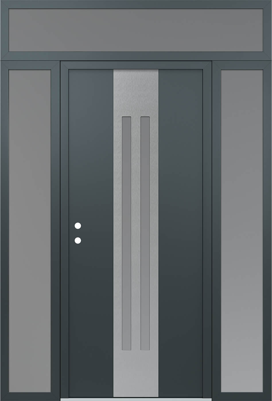 Modern Steel Front Door DIAMOND A8 60" X 96" ANTHRACITE/ANTHRACITE FROSTED GLASS PANEL STAINLESS STEEL RHI WITH 2 SIDELITES AND TRANSOM FROSTED GLASS