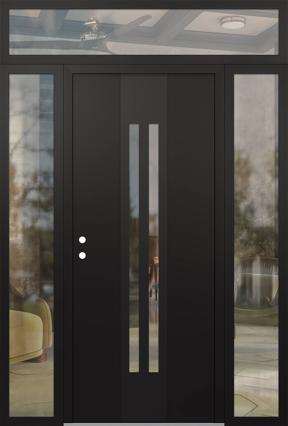 Modern Steel Front Door DIAMOND A8 60" X 96" BLACK/BLACK CLEAR GLASS PANEL BLACK RHI WITH 2 SIDELITES AND TRANSOM CLEAR GLASS