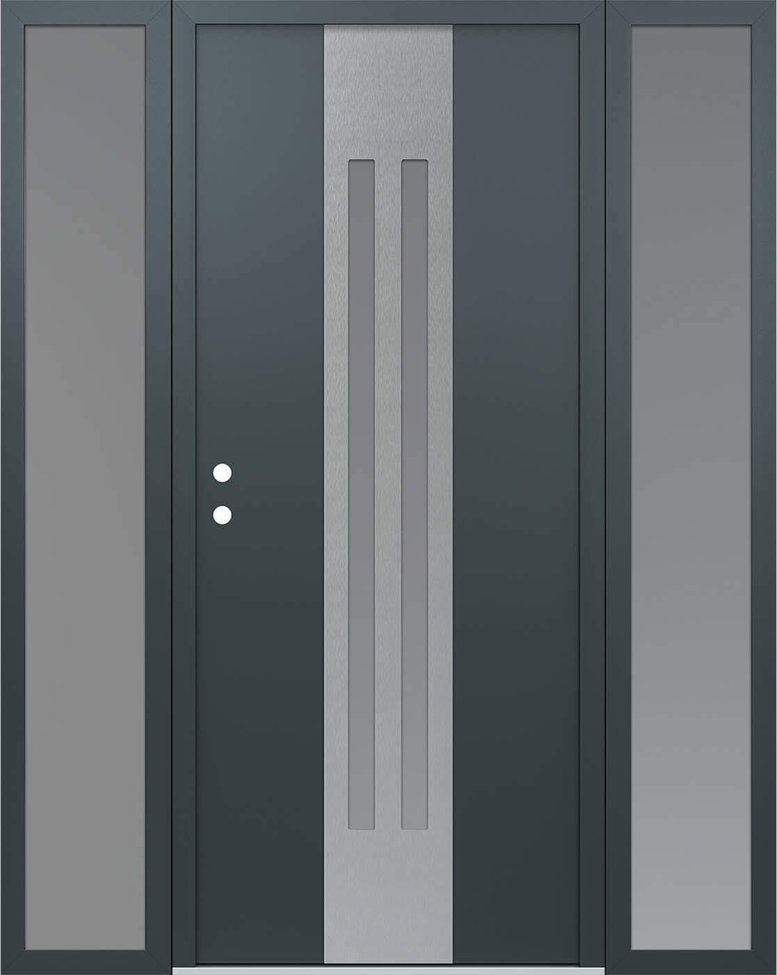 Modern Steel Front Door DIAMOND A8 64" X 80" ANTHRACITE/ANTHRACITE FROSTED GLASS PANEL STAINLESS STEEL RHI WITH 2 SIDELITES FROSTED GLASS