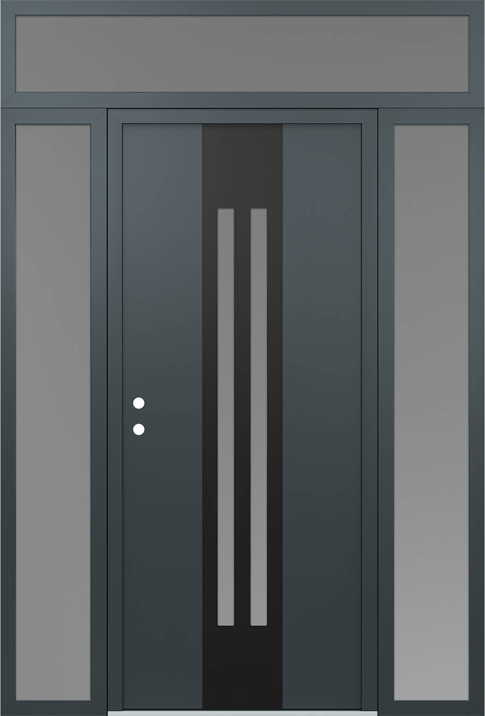 Modern Steel Front Door DIAMOND A8 64" X 96" ANTHRACITE/ANTHRACITE FROSTED GLASS PANEL BLACK RHI WITH 2 SIDELITES AND TRANSOM FROSTED GLASS