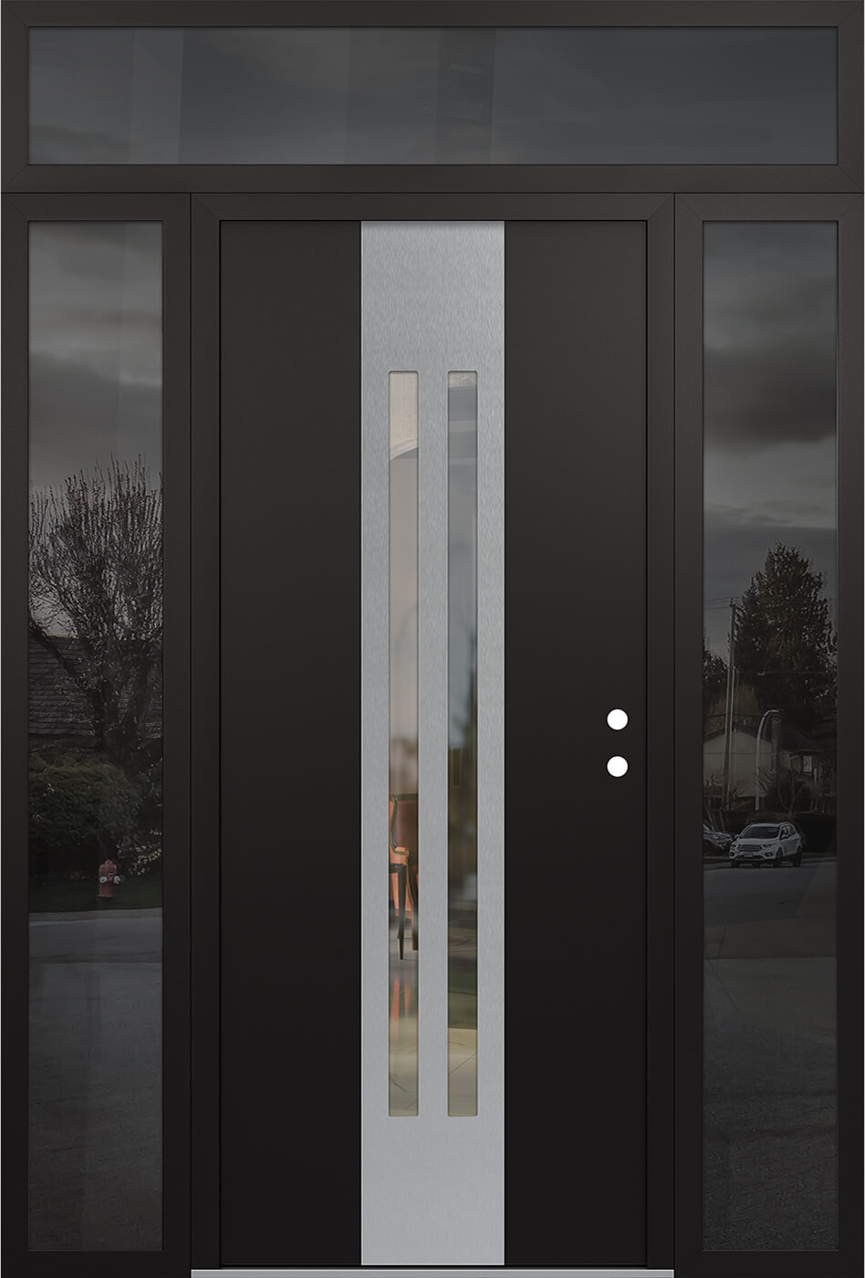 Modern Steel Front Door DIAMOND A8 64" X 96" BLACK/BLACK CLEAR GLASS PANEL STAINLESS STEEL LHI WITH 2 SIDELITES AND TRANSOM MIRRORED GLASS