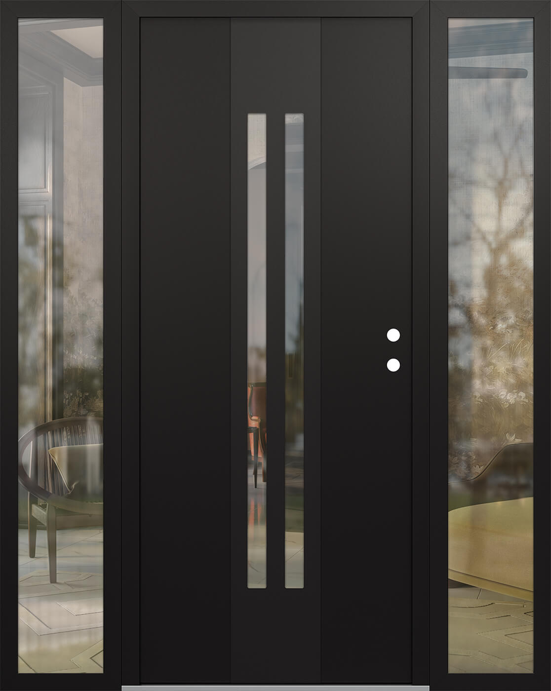 Modern Steel Front Door DIAMOND A8 68" X 80" BLACK/BLACK CLEAR GLASS PANEL BLACK LHI WITH 2 SIDELITES CLEAR GLASS