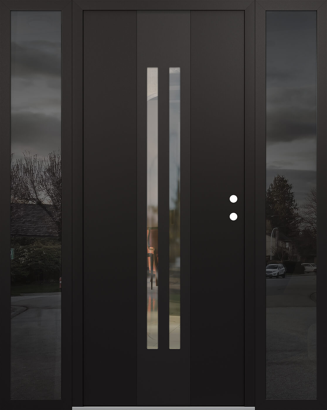 Modern Steel Front Door DIAMOND A8 68" X 80" BLACK/BLACK CLEAR GLASS PANEL BLACK LHI WITH 2 SIDELITES MIRRORED GLASS