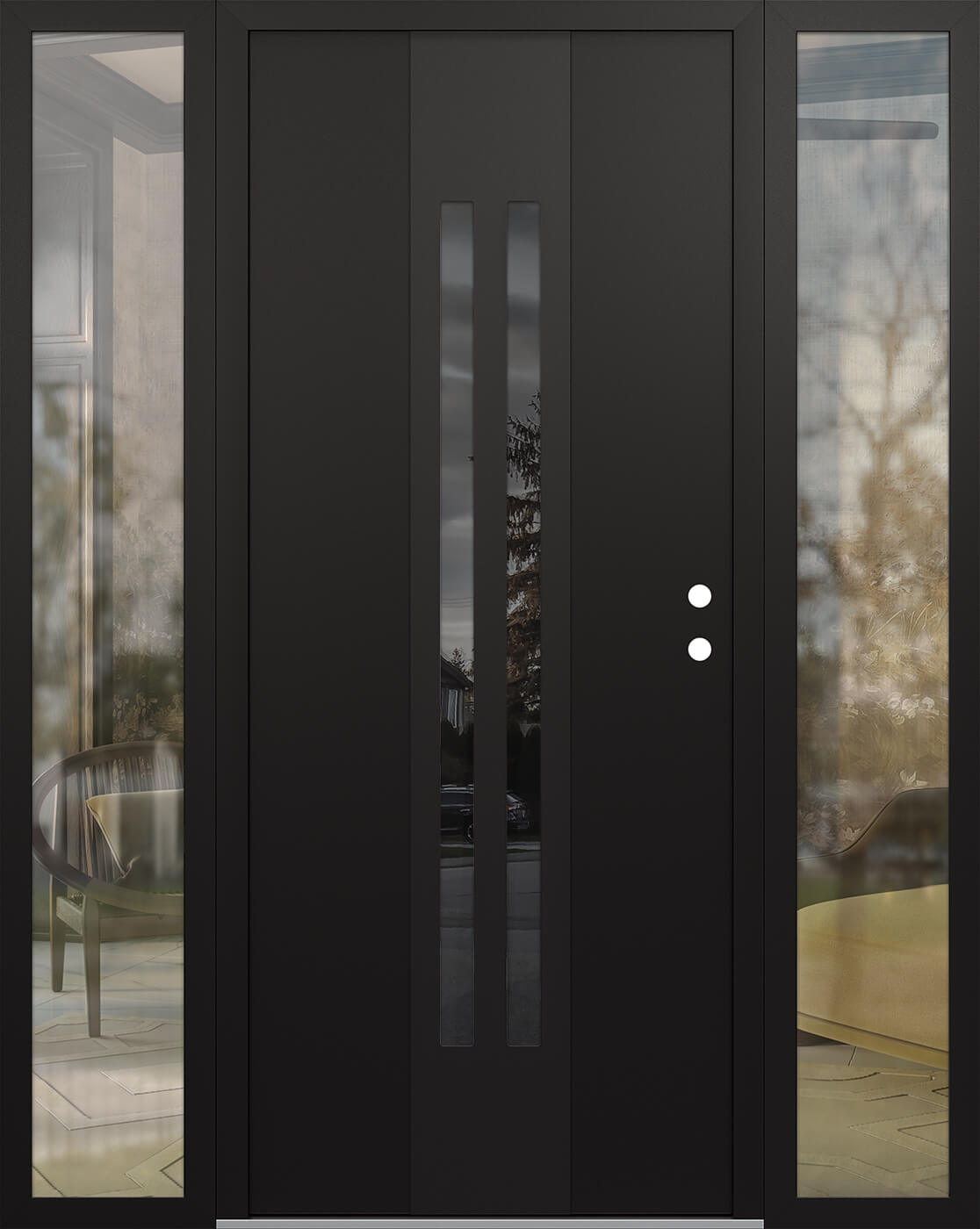 Modern Steel Front Door DIAMOND A8 68" X 80" BLACK/BLACK MIRRORED GLASS PANEL BLACK LHI WITH 2 SIDELITES CLEAR GLASS