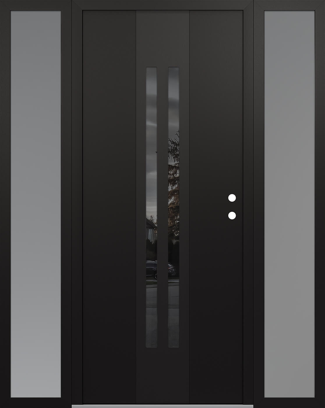 Modern Steel Front Door DIAMOND A8 68" X 80" BLACK/BLACK MIRRORED GLASS PANEL BLACK LHI WITH 2 SIDELITES FROSTED GLASS