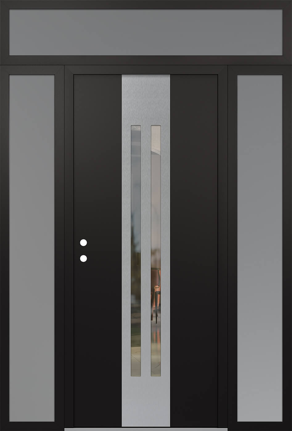 Modern Steel Front Door DIAMOND A8 68" X 96" BLACK/BLACK CLEAR GLASS PANEL STAINLESS STEEL RHI WITH 2 SIDELITES AND TRANSOM FROSTED GLASS