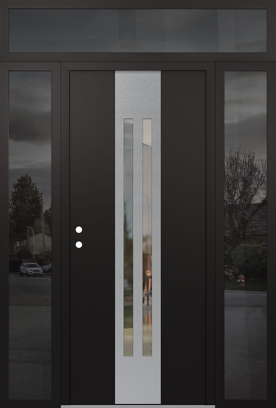 Modern Steel Front Door DIAMOND A8 68" X 96" BLACK/BLACK CLEAR GLASS PANEL STAINLESS STEEL RHI WITH 2 SIDELITES AND TRANSOM MIRRORED GLASS