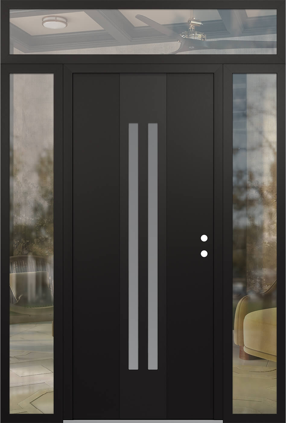 Modern Steel Front Door DIAMOND A8 68" X 96" BLACK/WHITE FROSTED GLASS PANEL BLACK LHI WITH 2 SIDELITES AND TRANSOM CLEAR GLASS