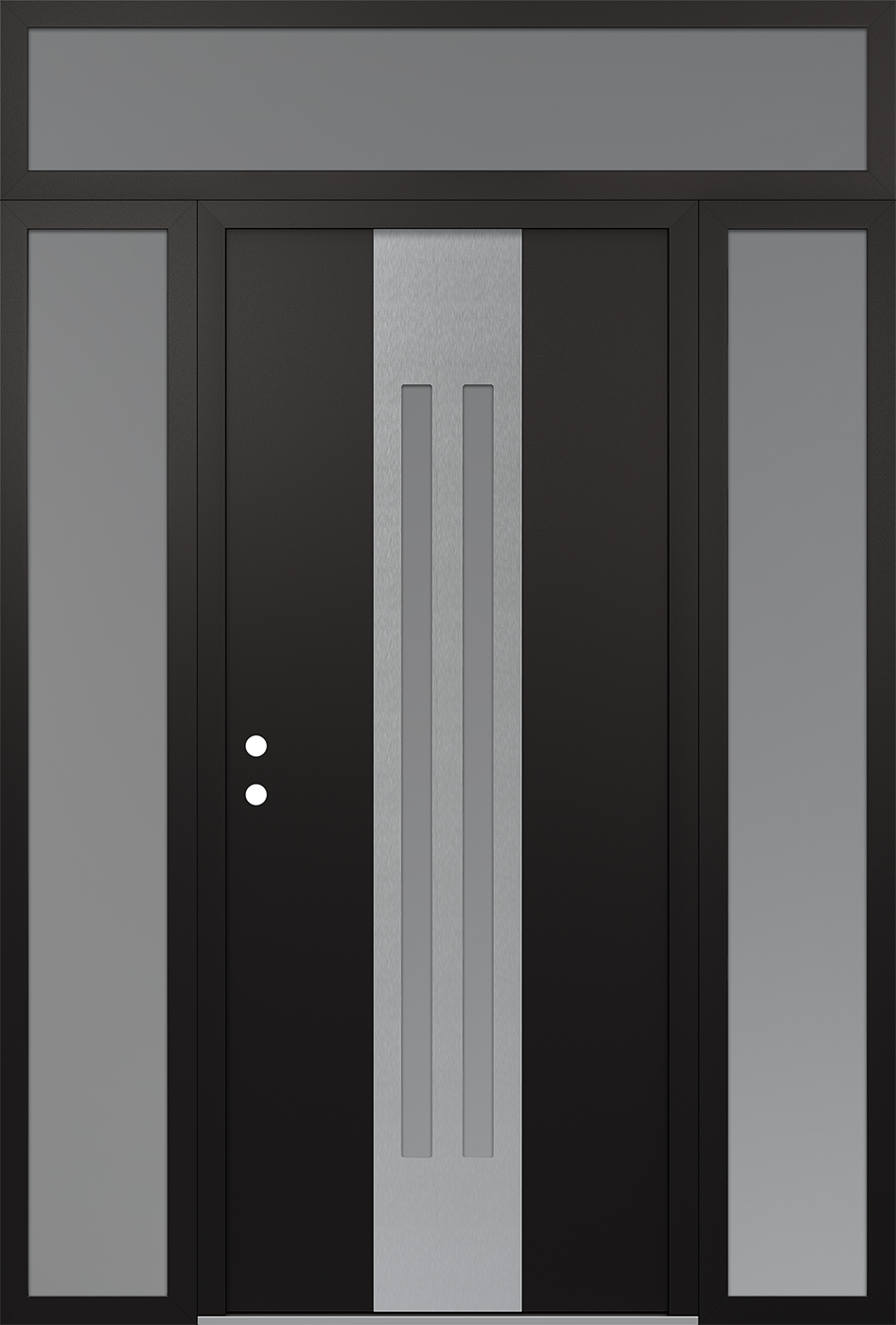Modern Steel Front Door DIAMOND A8 68" X 96" BLACK/WHITE FROSTED GLASS PANEL STAINLESS STEEL RHI WITH 2 SIDELITES AND TRANSOM FROSTED GLASS