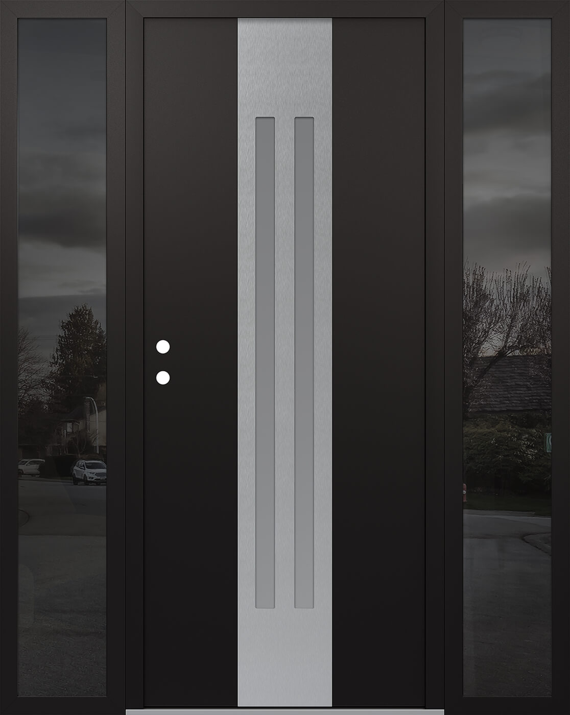 MODERN STEEL FRONT DOOR DIAMOND A8 60" X 80" BLACK/WHITE FROSTED GLASS PANEL STAINLESS STEEL RHI WITH 2 SIDELITES FROSTED GLASS