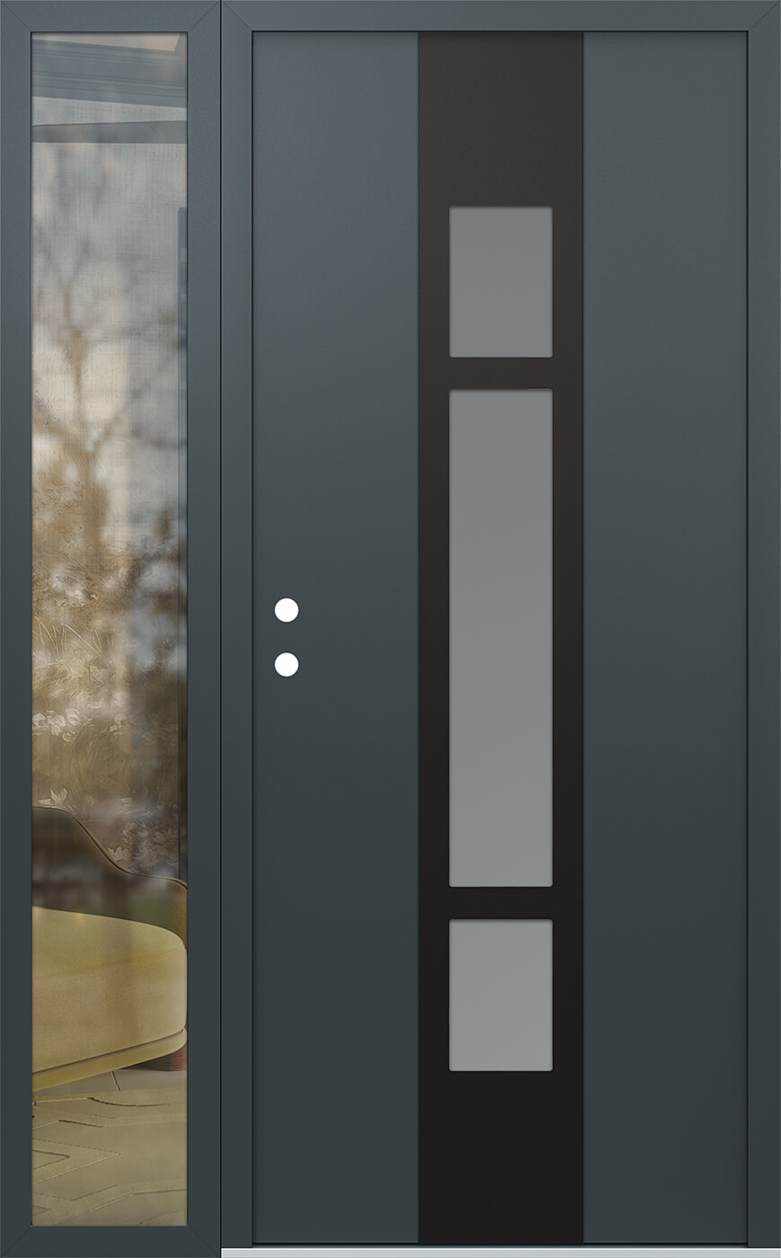 Modern Steel Front Door DIAMOND A9 48" X 80" ANTHRACITE/ANTHRACITE FROSTED GLASS PANEL BLACK RHI WITH SIDELITE CLEAR GLASS
