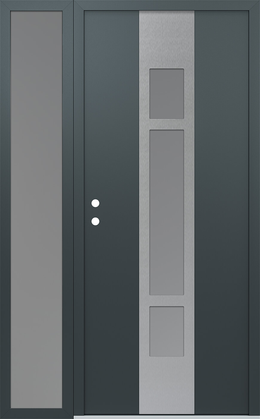Modern Steel Front Door DIAMOND A9 48" X 80" ANTHRACITE/ANTHRACITE FROSTED GLASS PANEL STAINLESS STEEL RHI WITH SIDELITE FROSTED GLASS