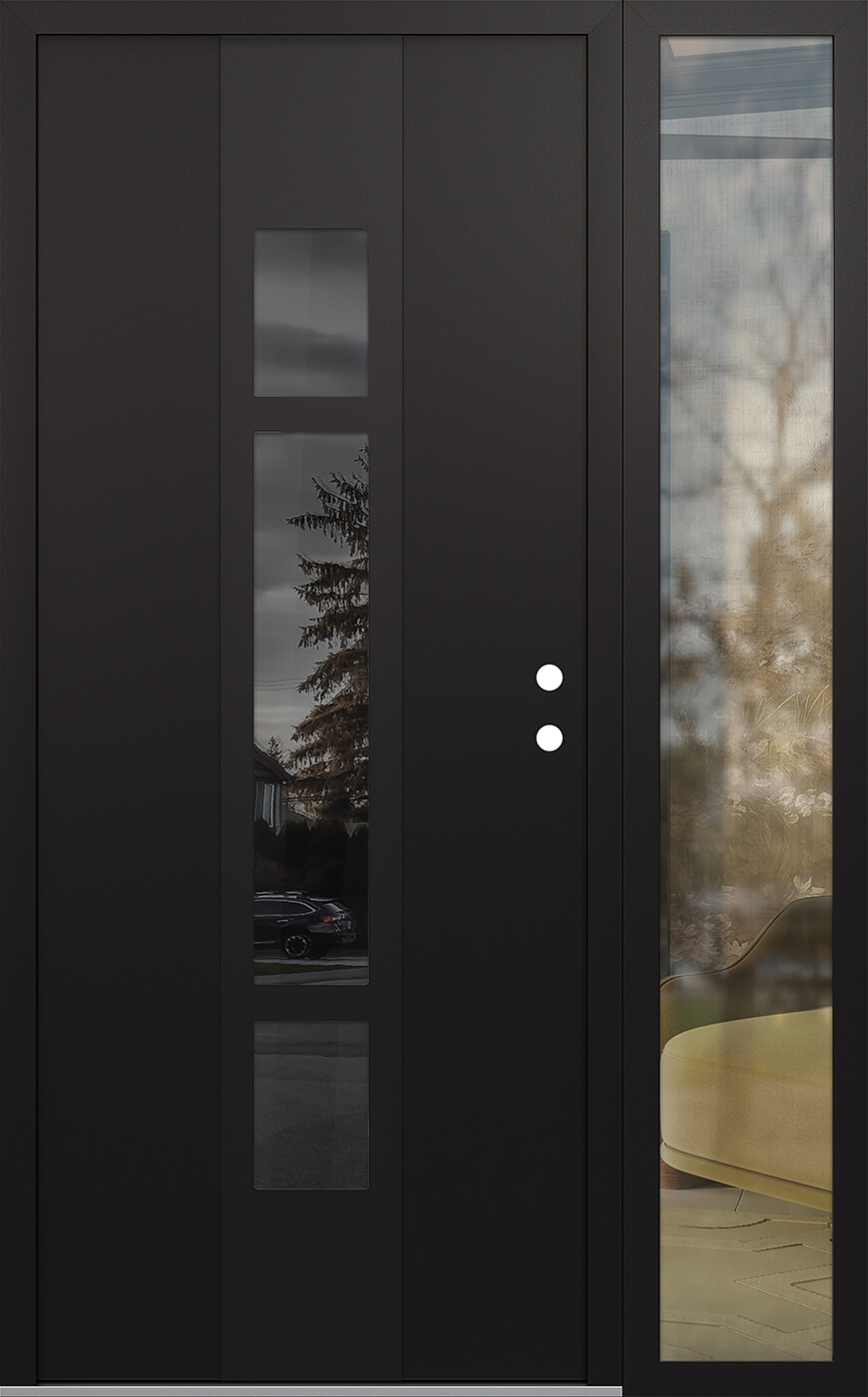 Modern Steel Front Door DIAMOND A9 48" X 80" BLACK/BLACK MIRRORED GLASS PANEL BLACK LHI WITH SIDELITE CLEAR GLASS