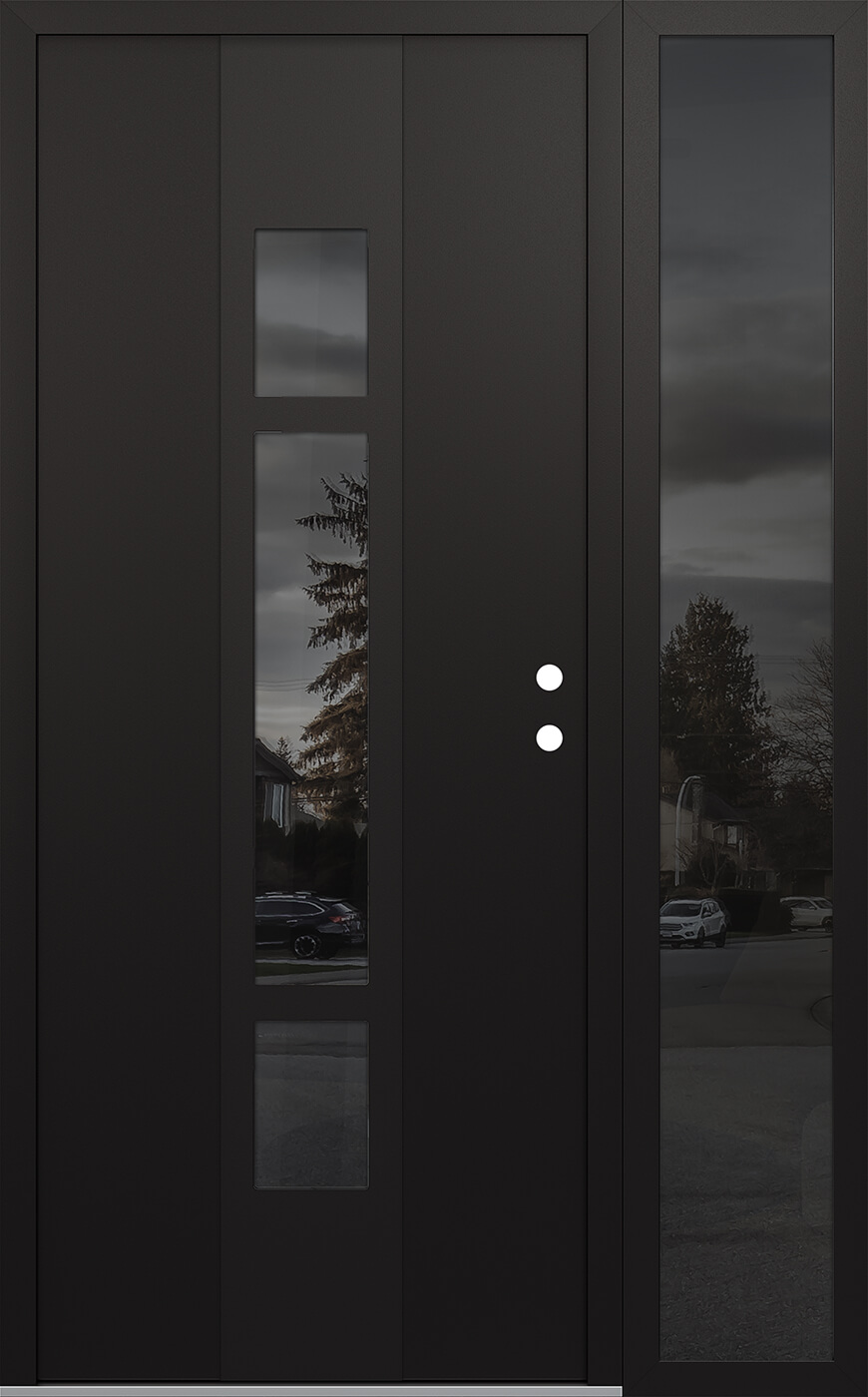 Modern Steel Front Door DIAMOND A9 48" X 80" BLACK/BLACK MIRRORED GLASS PANEL BLACK LHI WITH SIDELITE MIRRORED GLASS