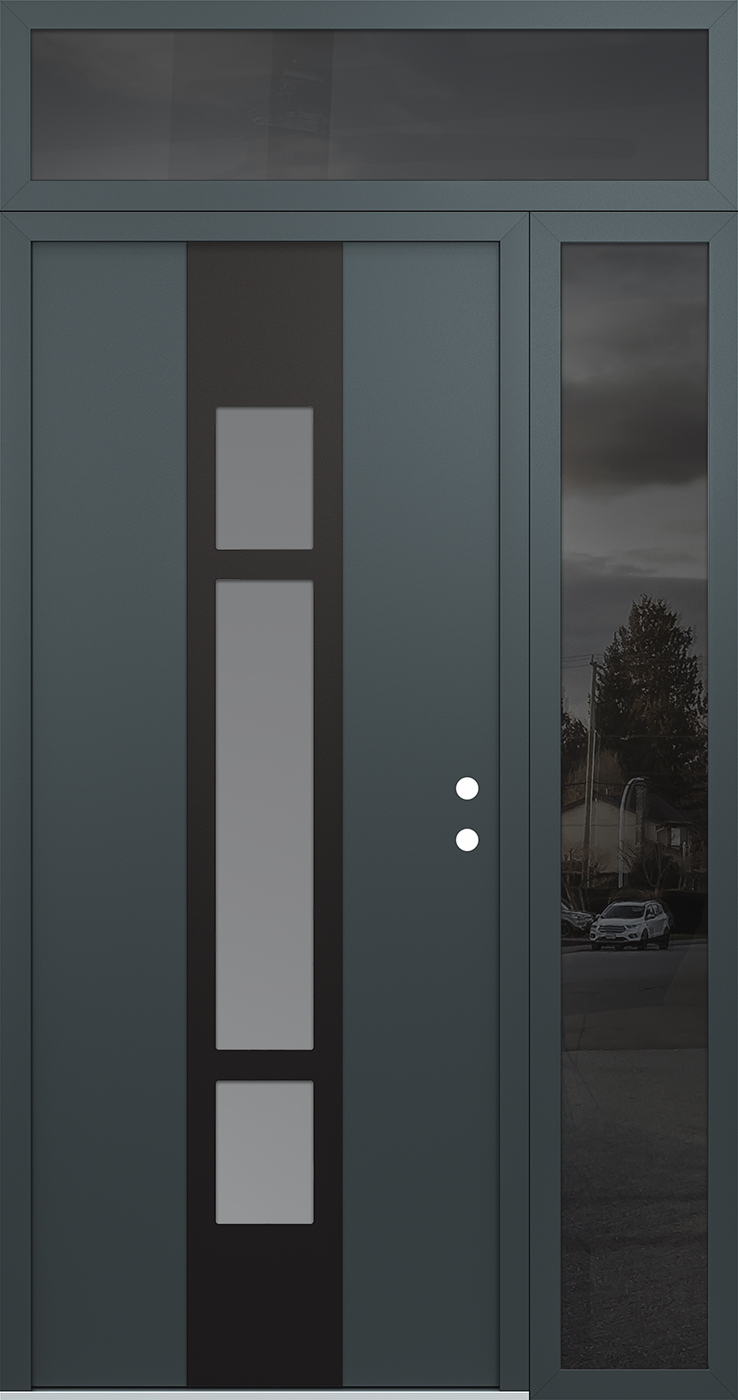 Modern Steel Front Door DIAMOND A9 48" X 96" ANTHRACITE/ANTHRACITE FROSTED GLASS PANEL BLACK LHI WITH SIDELITE AND TRANSOM MIRRORED GLASS