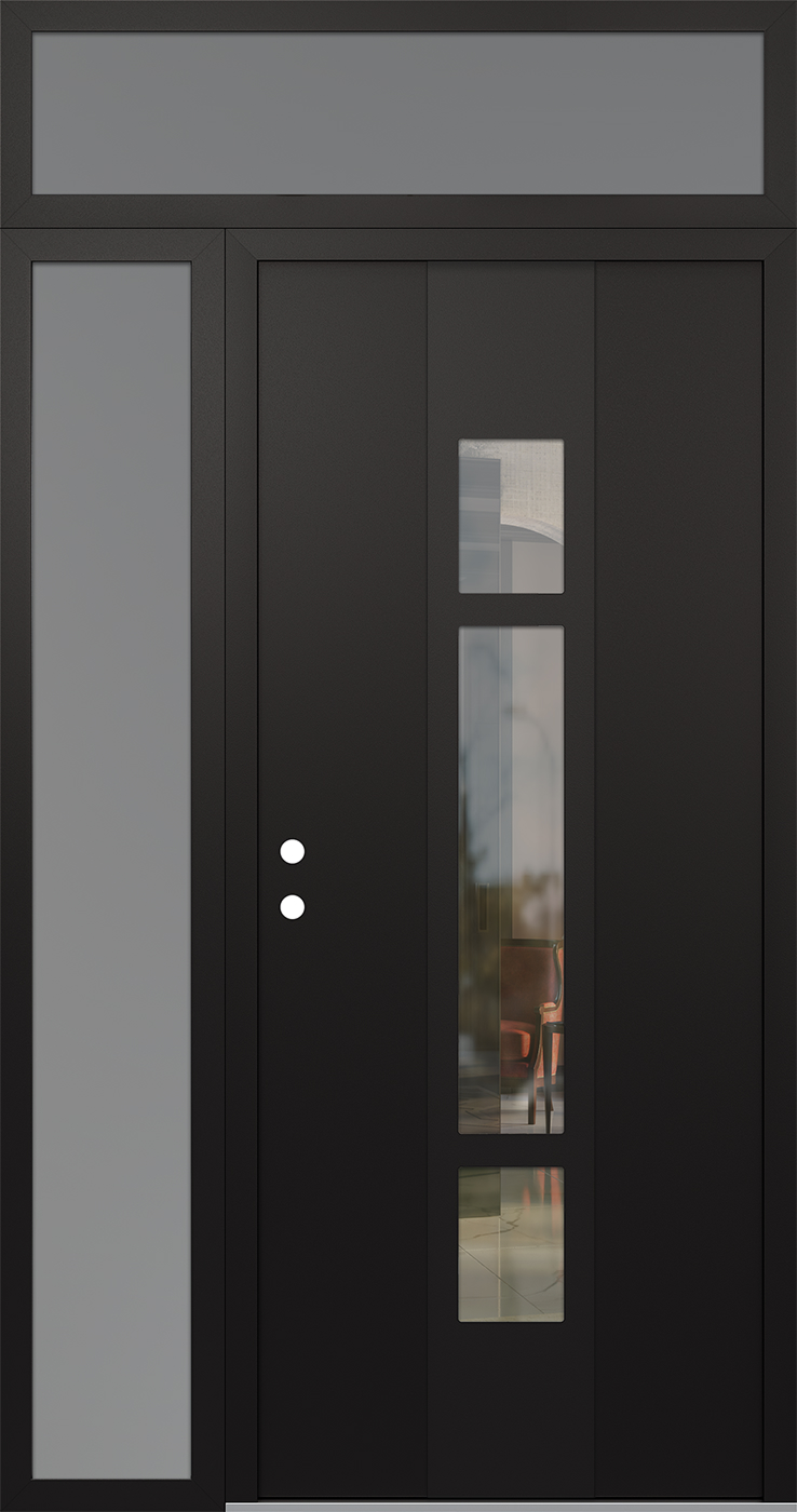 Modern Steel Front Door DIAMOND A9 48" X 96" BLACK/BLACK CLEAR GLASS PANEL BLACK RHI WITH SIDELITE AND TRANSOM FROSTED GLASS