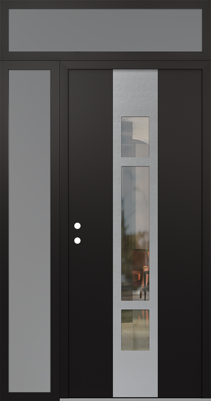 Modern Steel Front Door DIAMOND A9 48" X 96" BLACK/BLACK CLEAR GLASS PANEL STAINLESS STEEL RHI WITH SIDELITE AND TRANSOM FROSTED GLASS