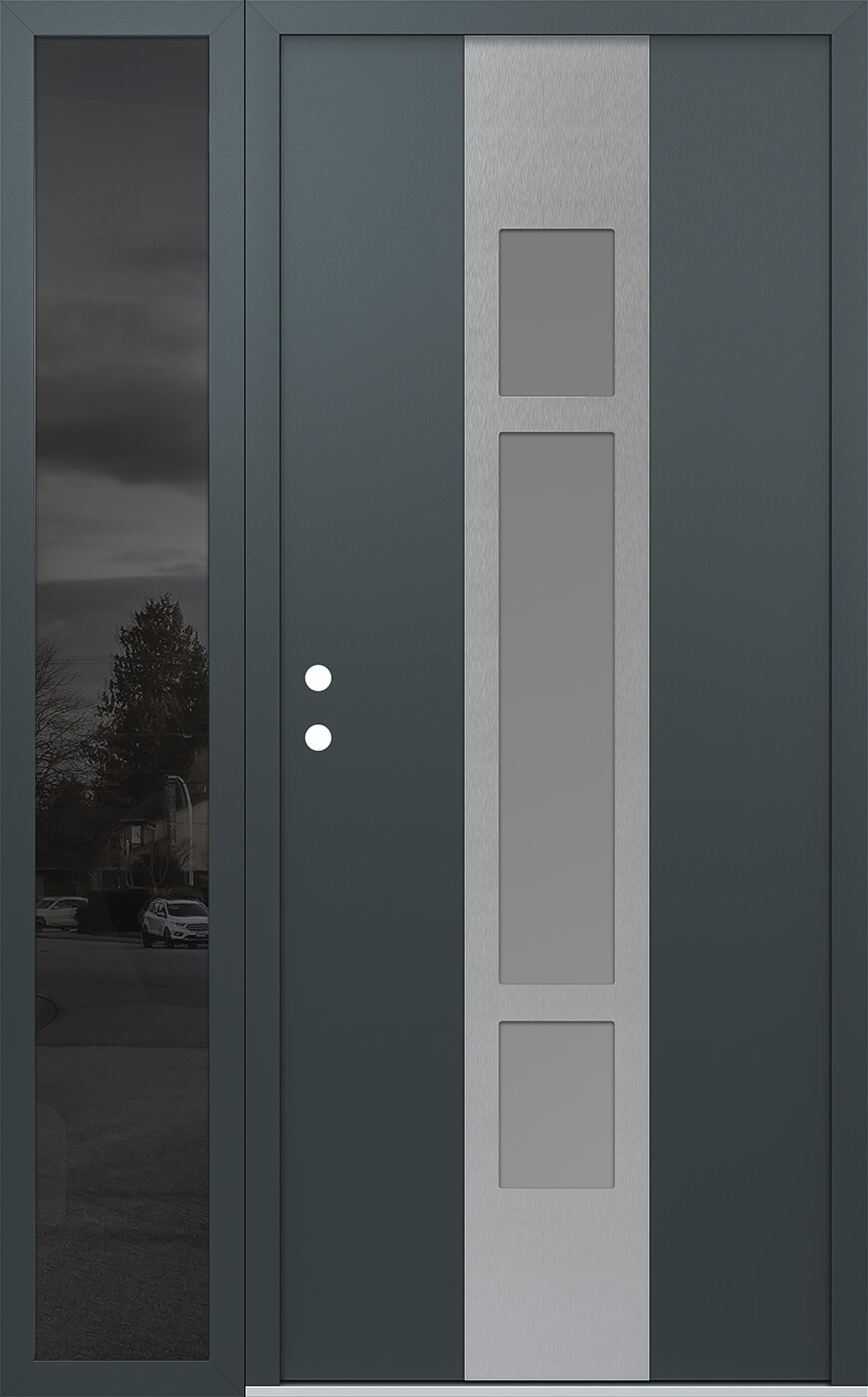 Modern Steel Front Door DIAMOND A9 50" X 80" ANTHRACITE/ANTHRACITE FROSTED GLASS PANEL STAINLESS STEEL RHI WITH SIDELITE MIRRORED GLASS