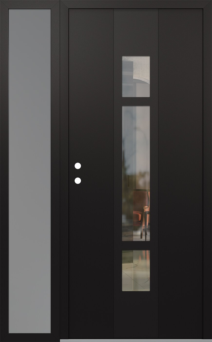 Modern Steel Front Door DIAMOND A9 50" X 80" BLACK/BLACK CLEAR GLASS PANEL BLACK RHI WITH SIDELITE FROSTED GLASS