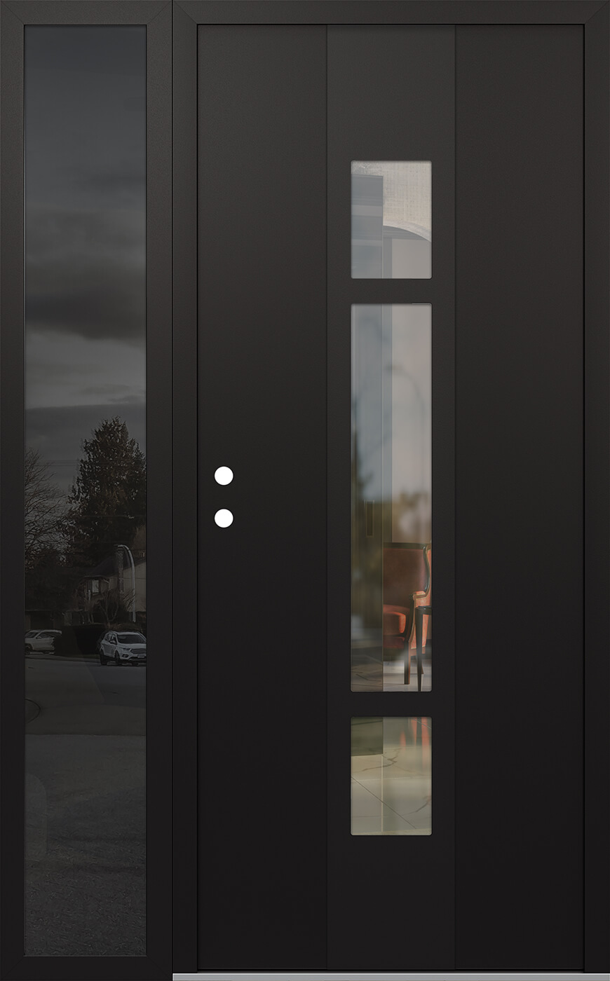 Modern Steel Front Door DIAMOND A9 50" X 80" BLACK/BLACK CLEAR GLASS PANEL BLACK RHI WITH SIDELITE MIRRORED GLASS