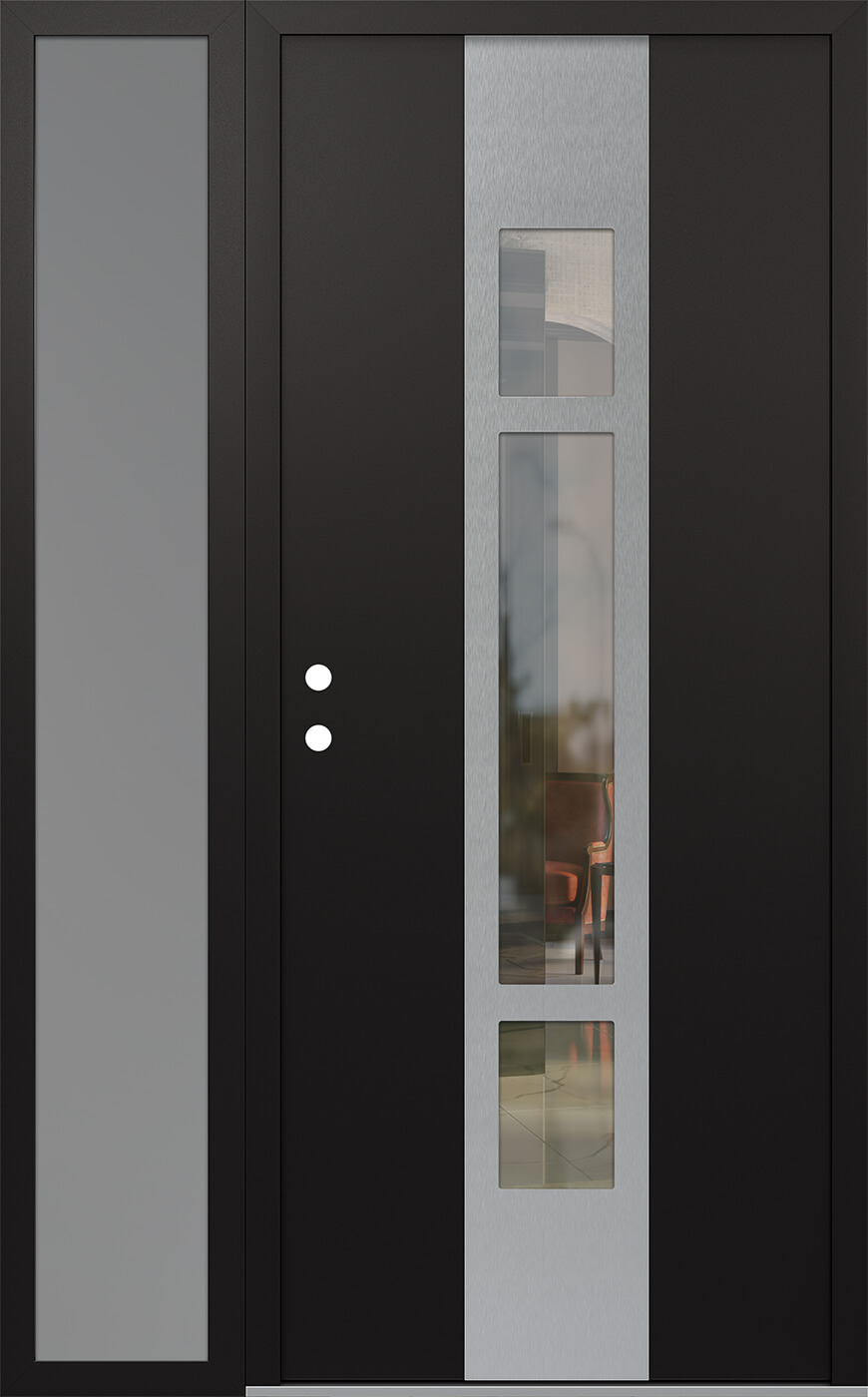 Modern Steel Front Door DIAMOND A9 50" X 80" BLACK/BLACK CLEAR GLASS PANEL STAINLESS STEEL RHI WITH SIDELITE FROSTED GLASS