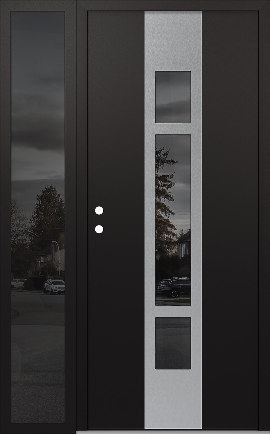 Modern Steel Front Door DIAMOND A9 50" X 80" BLACK/BLACK MIRRORED GLASS PANEL STAINLESS STEEL RHI WITH SIDELITE MIRRORED GLASS