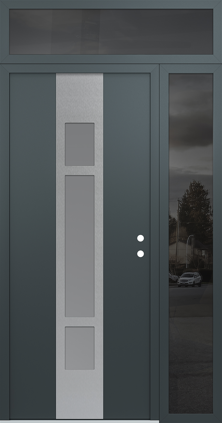 Modern Steel Front Door DIAMOND A9 50" X 96" ANTHRACITE/ANTHRACITE FROSTED GLASS PANEL STAINLESS STEEL LHI WITH SIDELITE AND TRANSOM MIRRORED GLASS