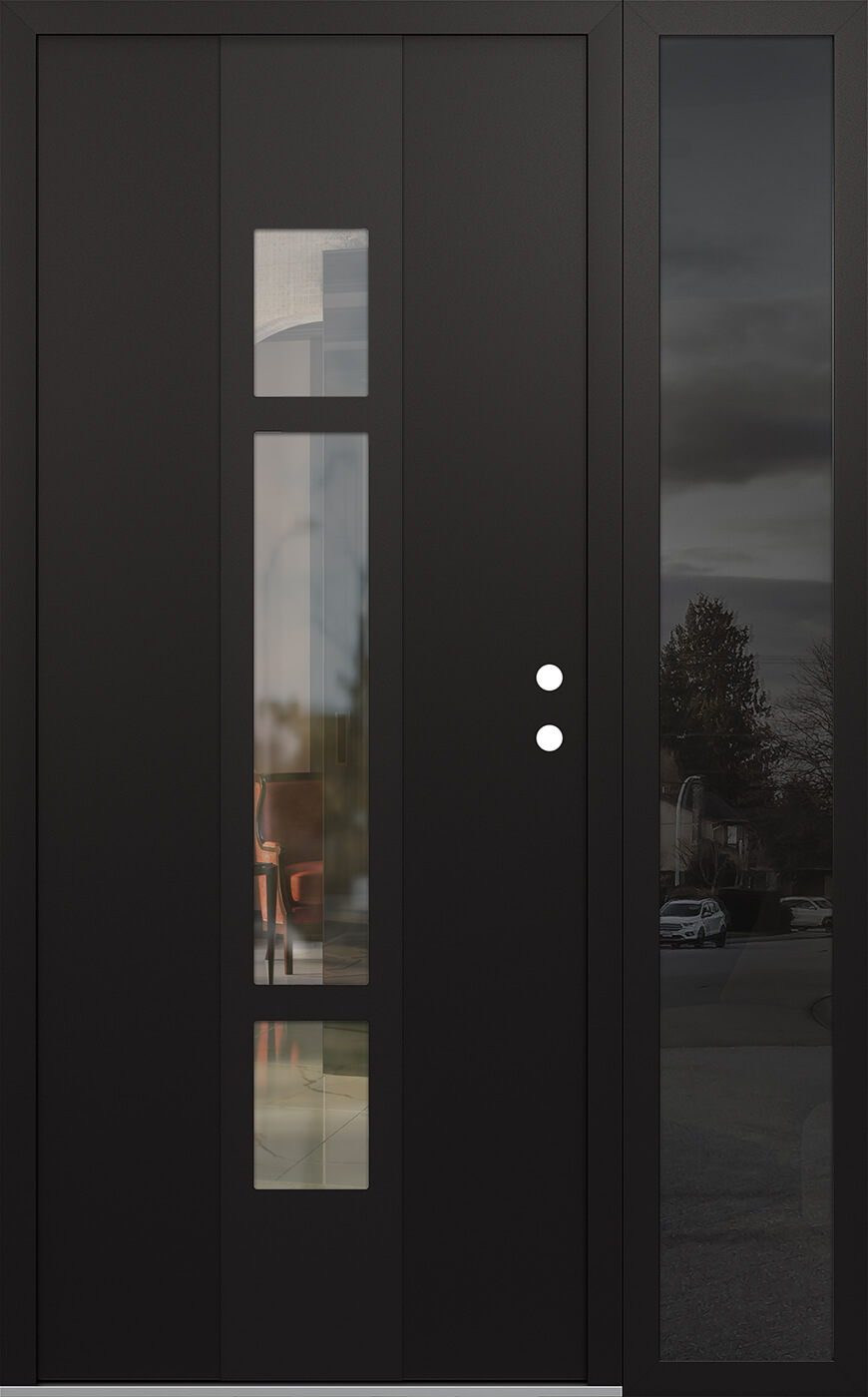 Modern Steel Front Door DIAMOND A9 52" X 80" BLACK/BLACK CLEAR GLASS PANEL BLACK LHI WITH SIDELITE MIRRORED GLASS