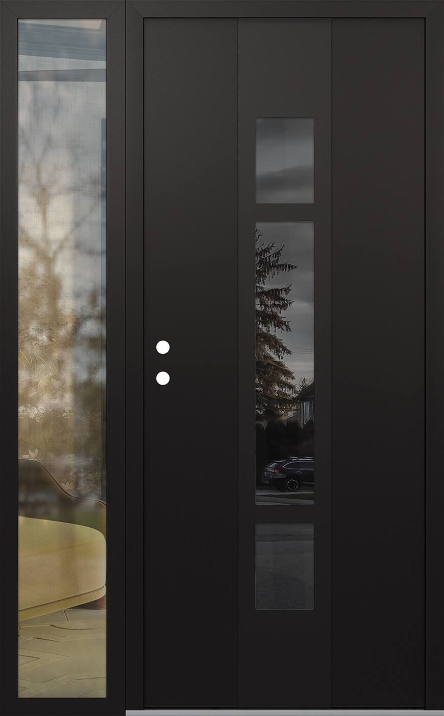 Modern Steel Front Door DIAMOND A9 52" X 80" BLACK/BLACK MIRRORED GLASS PANEL BLACK RHI WITH SIDELITE CLEAR GLASS