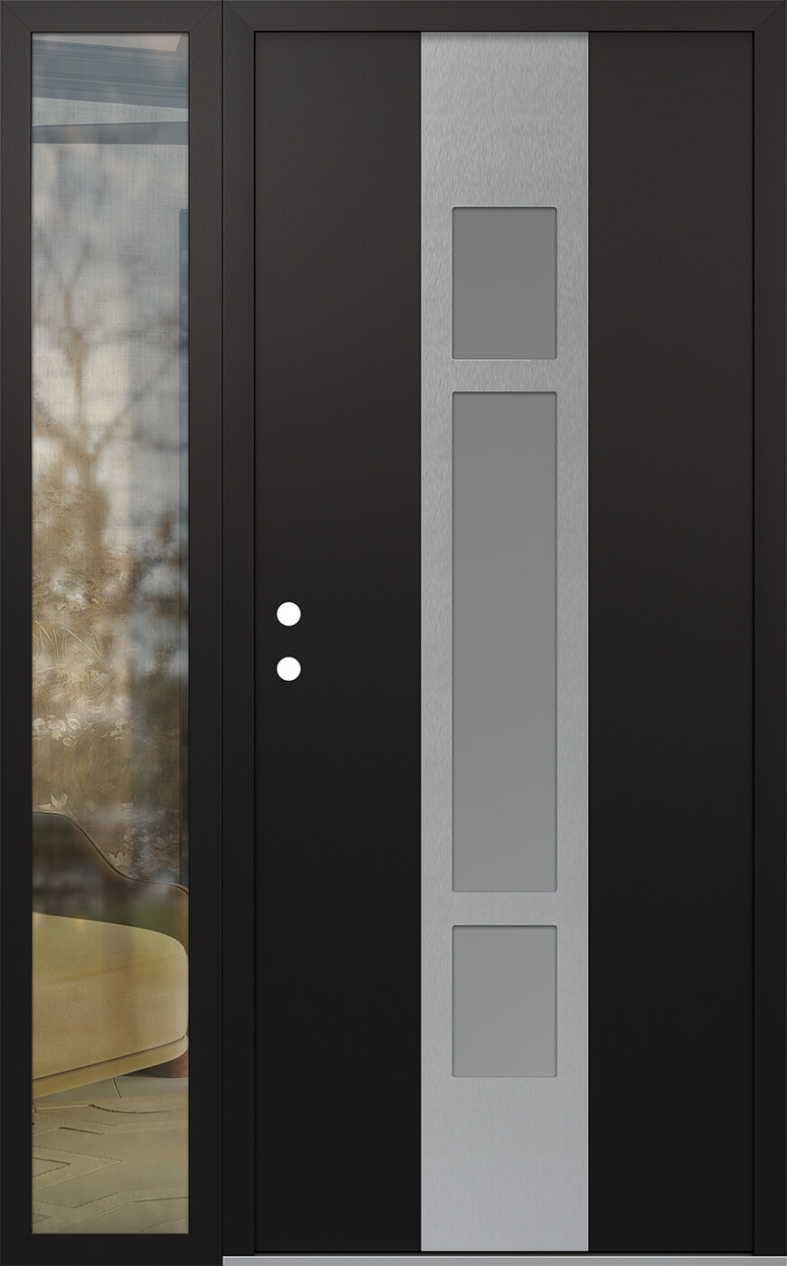 Modern Steel Front Door DIAMOND A9 52" X 80" BLACK/WHITE FROSTED GLASS PANEL STAINLESS STEEL RHI WITH SIDELITE CLEAR GLASS