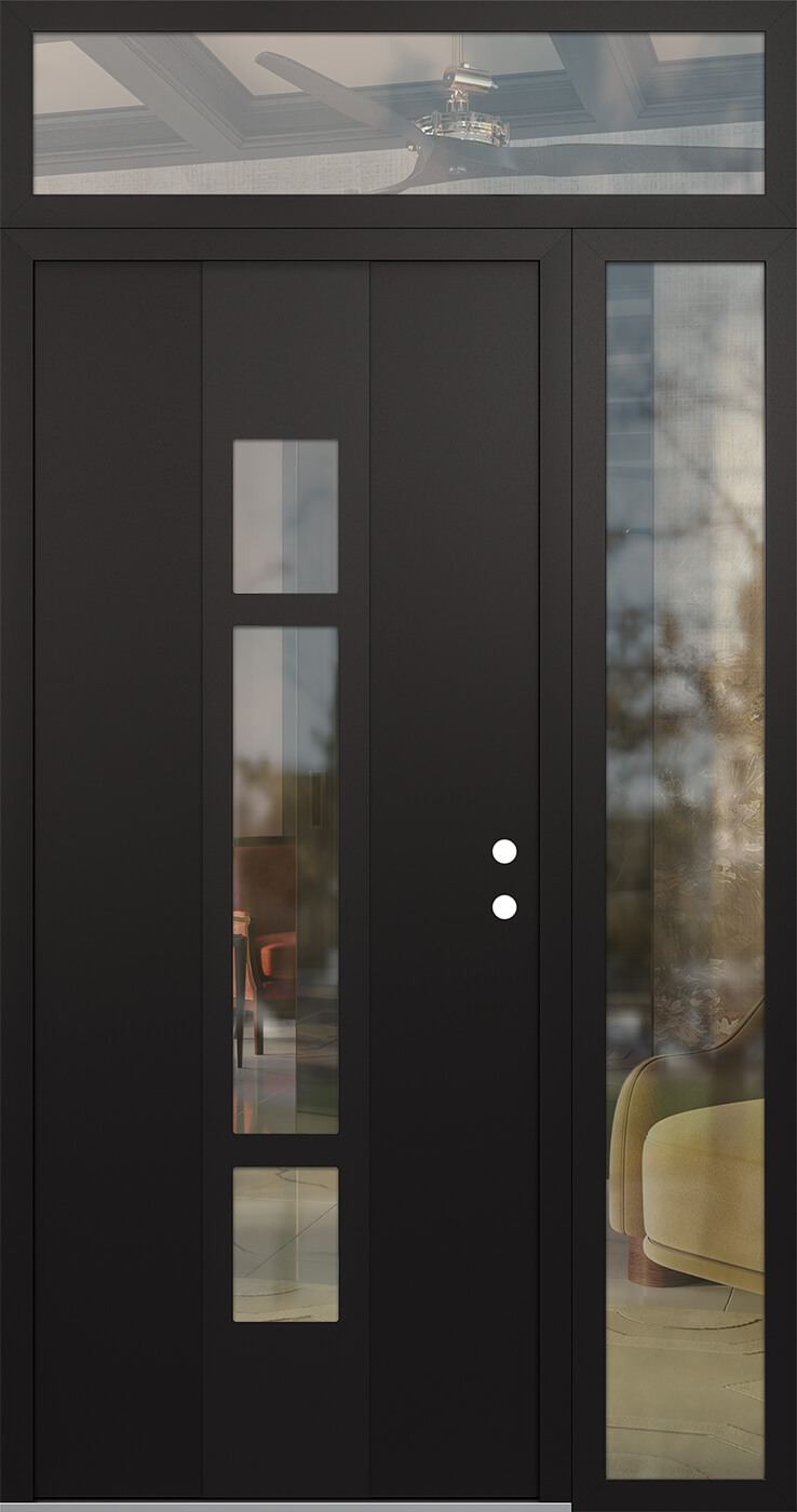 Modern Steel Front Door DIAMOND A9 52" X 96" BLACK/BLACK CLEAR GLASS PANEL BLACK LHI WITH SIDELITE AND TRANSOM CLEAR GLASS