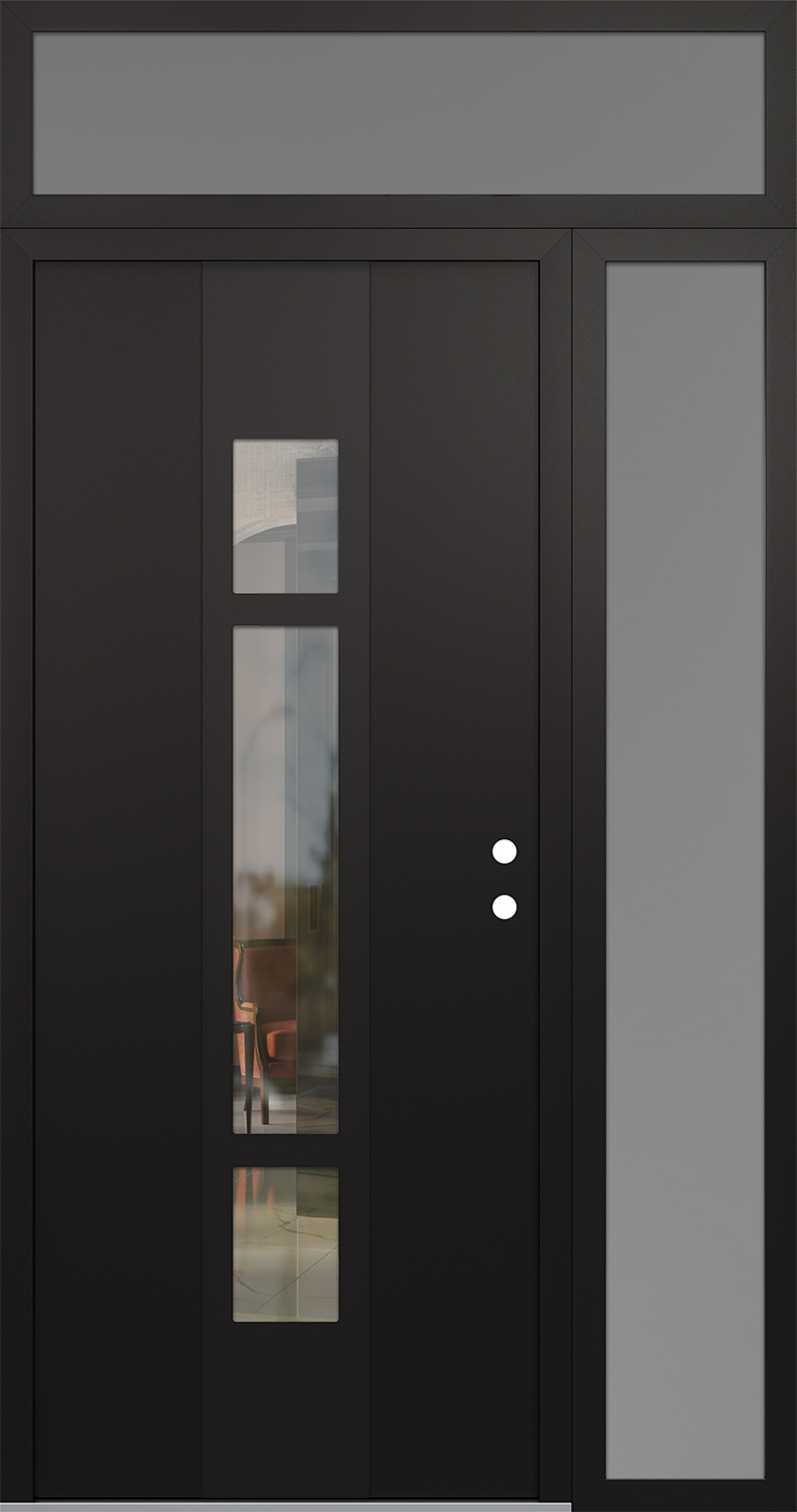 Modern Steel Front Door DIAMOND A9 52" X 96" BLACK/BLACK CLEAR GLASS PANEL BLACK LHI WITH SIDELITE AND TRANSOM FROSTED GLASS