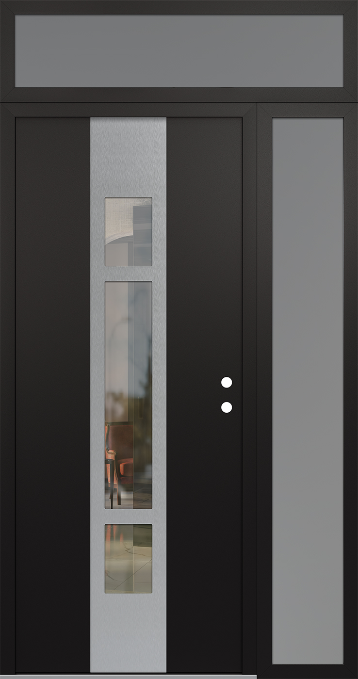 Modern Steel Front Door DIAMOND A9 52" X 96" BLACK/BLACK CLEAR GLASS PANEL STAINLESS STEEL LHI WITH SIDELITE AND TRANSOM FROSTED GLASS