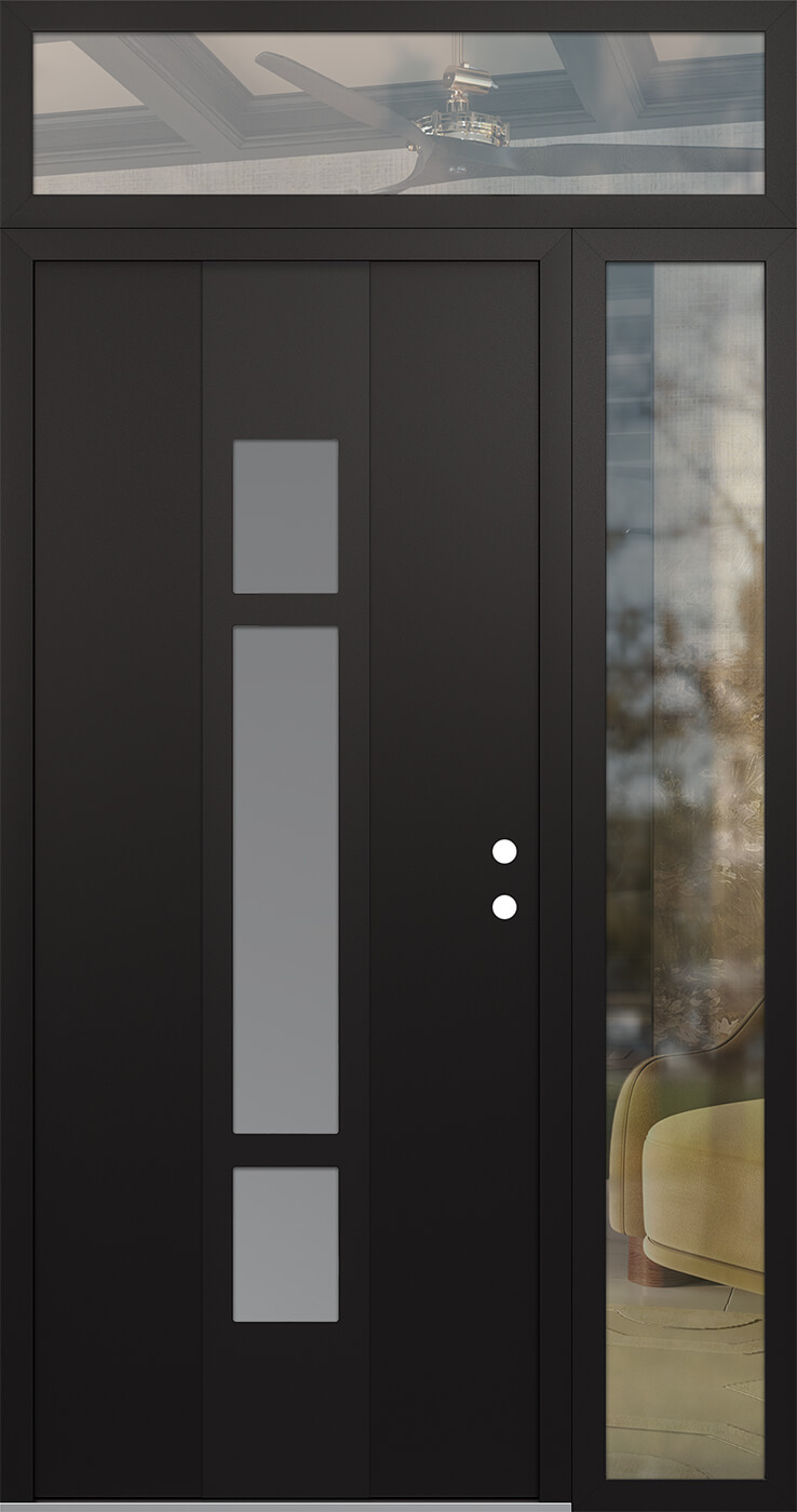Modern Steel Front Door DIAMOND A9 52" X 96" BLACK/WHITE FROSTED GLASS PANEL BLACK LHI WITH SIDELITE AND TRANSOM CLEAR GLASS