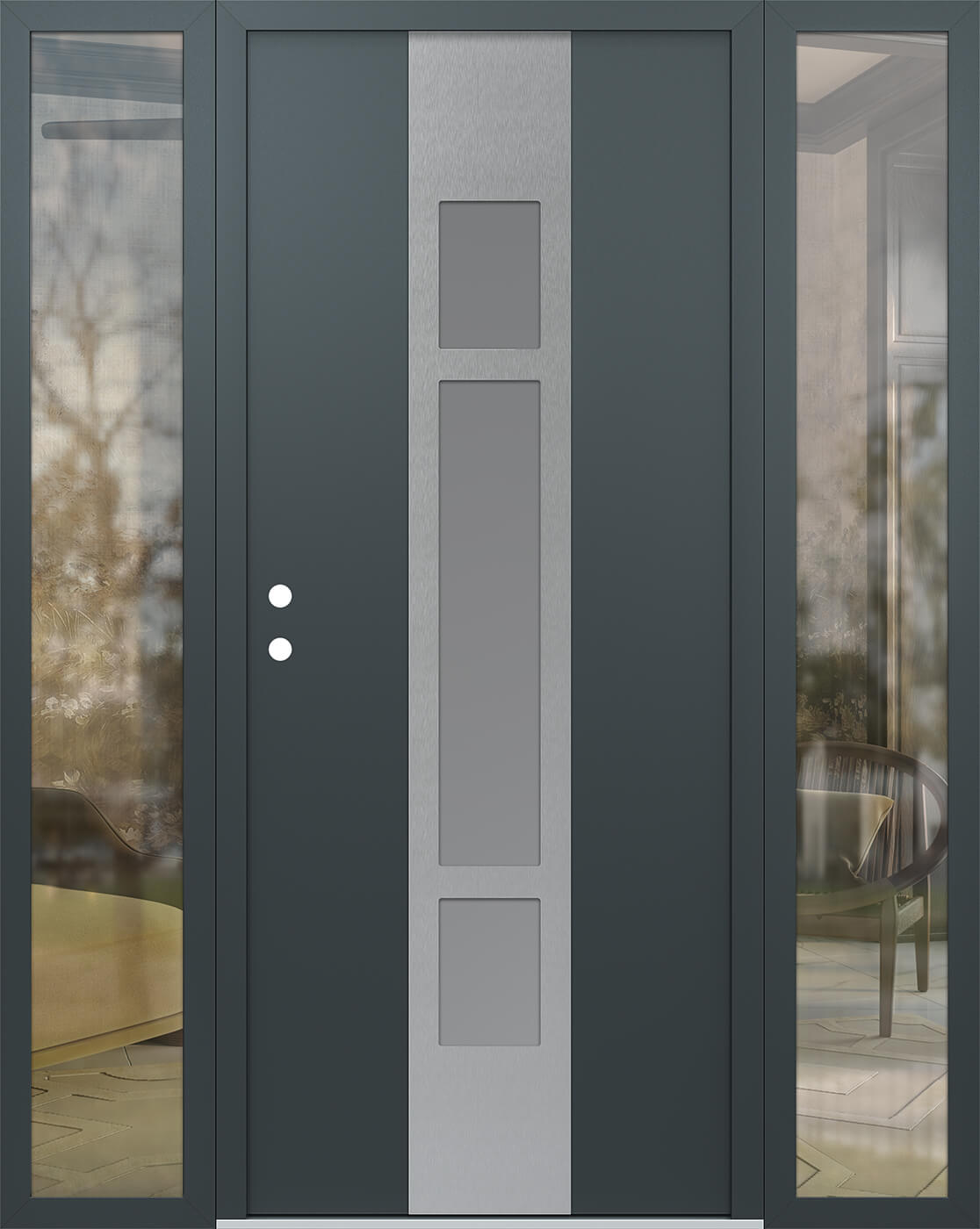 Modern Steel Front Door DIAMOND A9 60" X 80" ANTHRACITE/ANTHRACITE FROSTED GLASS PANEL STAINLESS STEEL RHI WITH 2 SIDELITES CLEAR GLASS