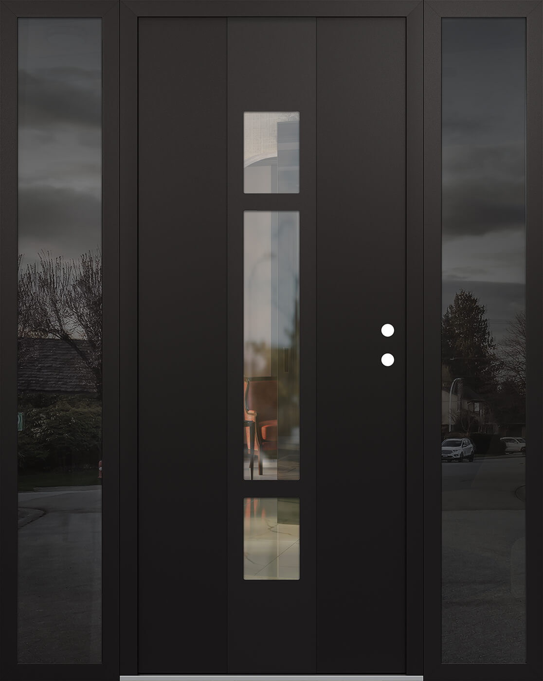 Modern Steel Front Door DIAMOND A9 60" X 80" BLACK/BLACK CLEAR GLASS PANEL BLACK LHI WITH 2 SIDELITES MIRRORED GLASS