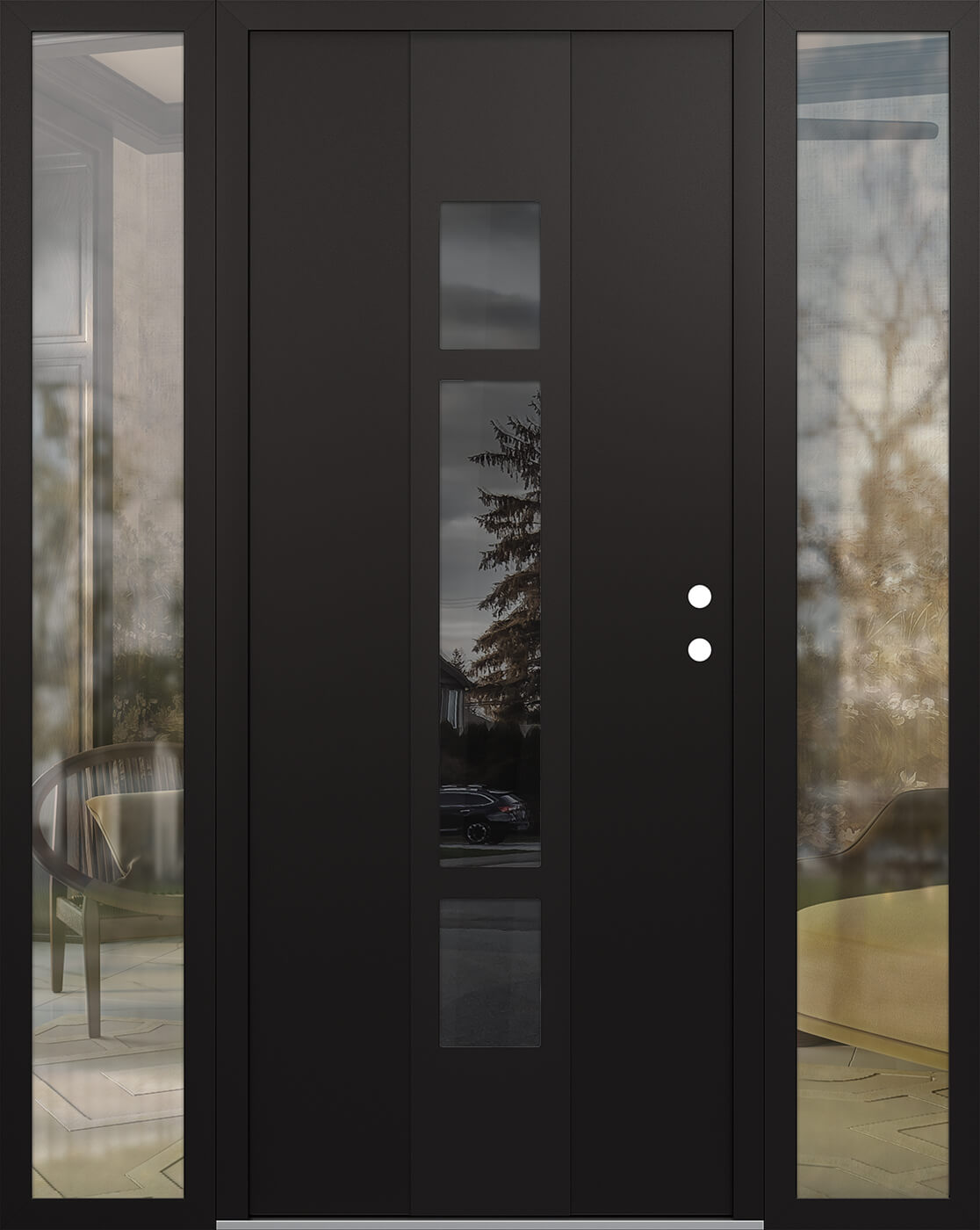 Modern Steel Front Door DIAMOND A9 60" X 80" BLACK/BLACK MIRRORED GLASS PANEL BLACK LHI WITH 2 SIDELITES CLEAR GLASS