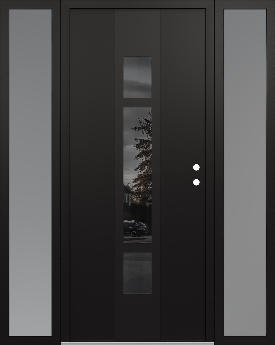 Modern Steel Front Door DIAMOND A9 60" X 80" BLACK/BLACK MIRRORED GLASS PANEL BLACK LHI WITH 2 SIDELITES FROSTED GLASS