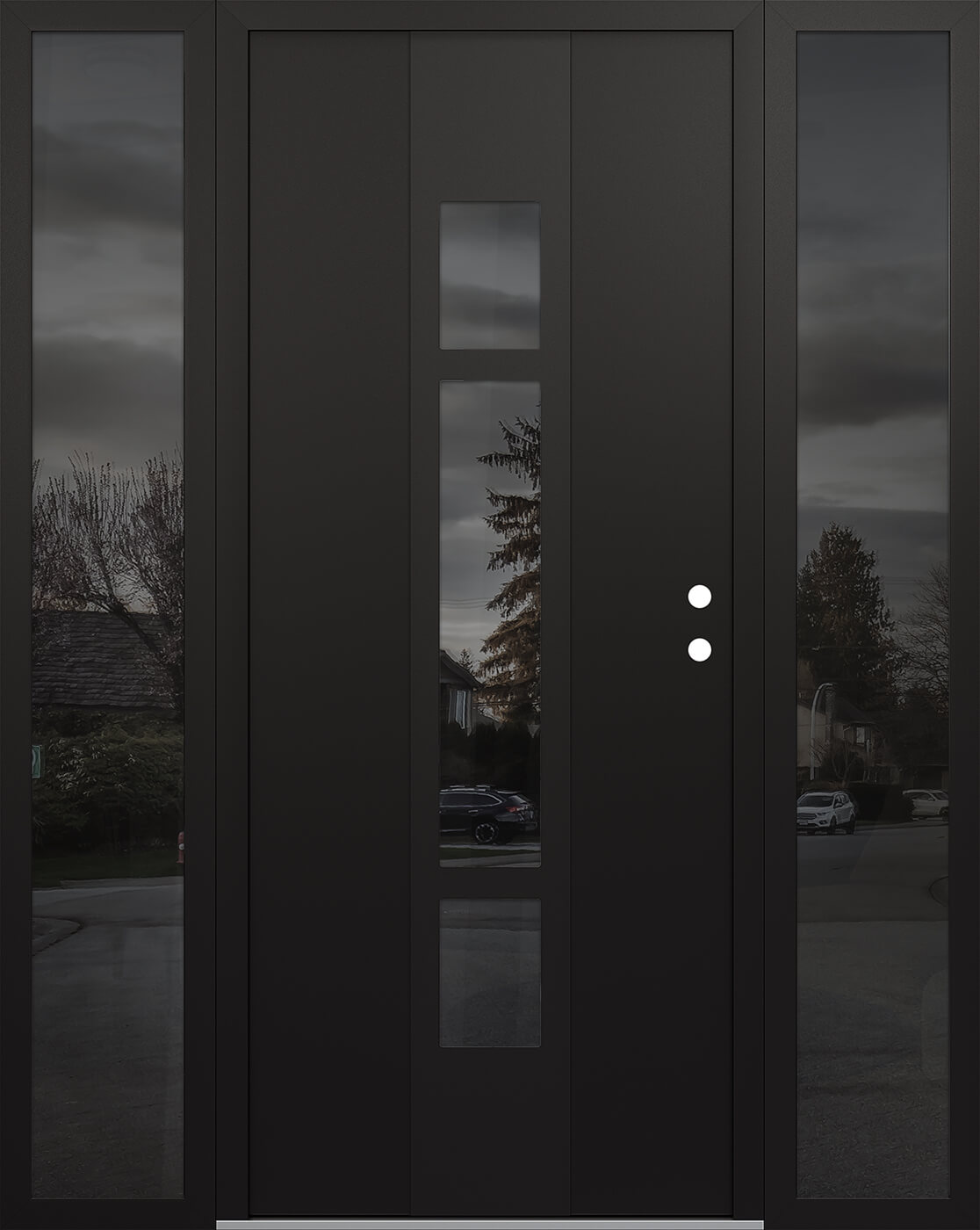 Modern Steel Front Door DIAMOND A9 60" X 80" BLACK/BLACK MIRRORED GLASS PANEL BLACK LHI WITH 2 SIDELITES MIRRORED GLASS
